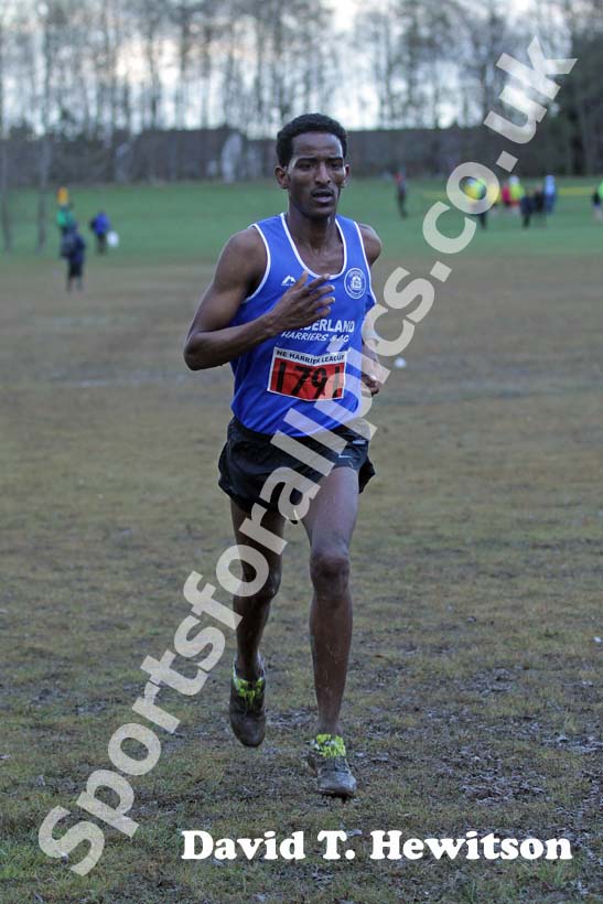 Eritrean athlete Weynay Ghebresilasie running for Sunderland Harriers on his way to third place in the Start First North East Harrier League, Jarrow.